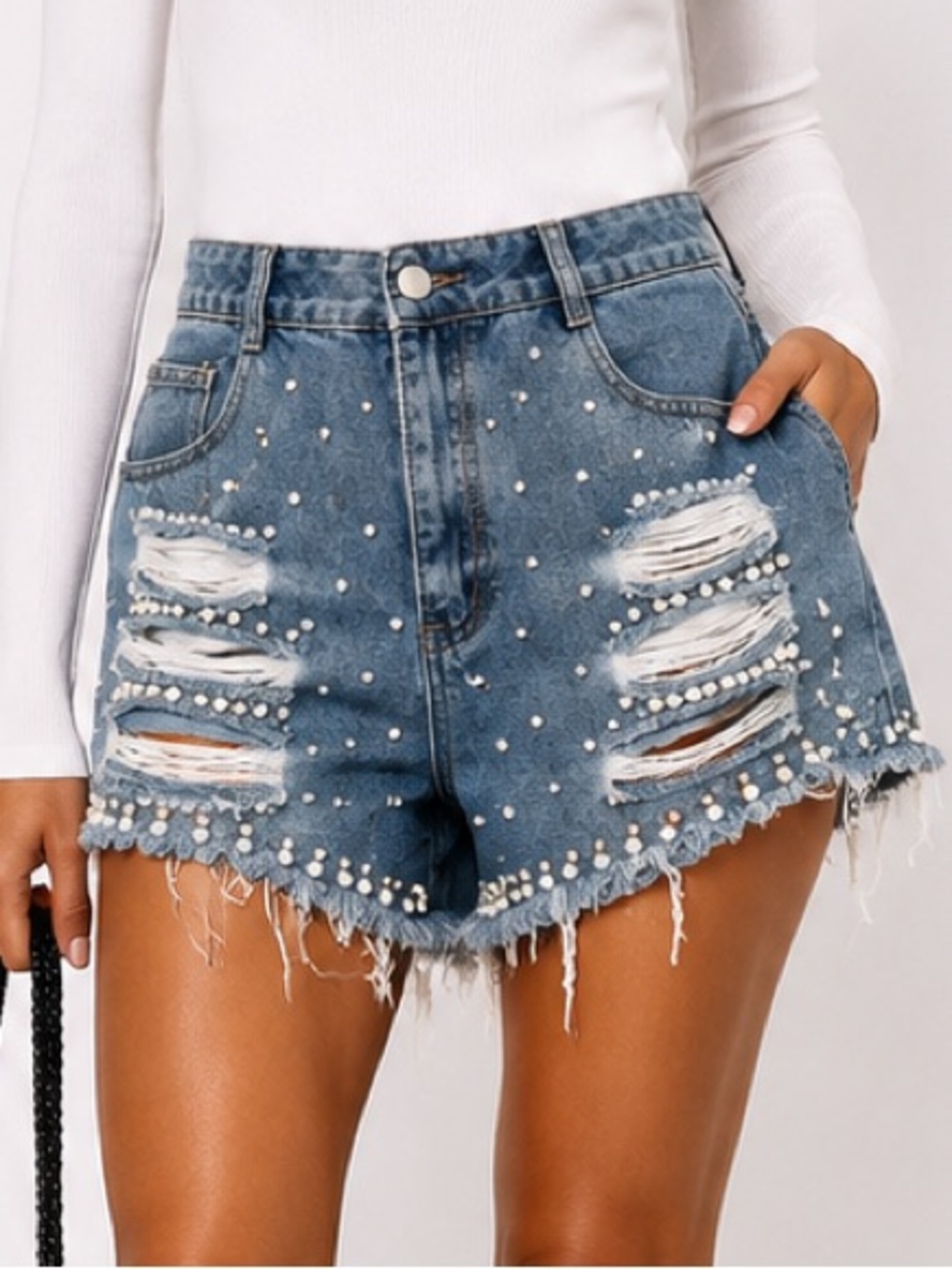 Pearl-Embellished Distressed Denim Shorts - Blue Large New